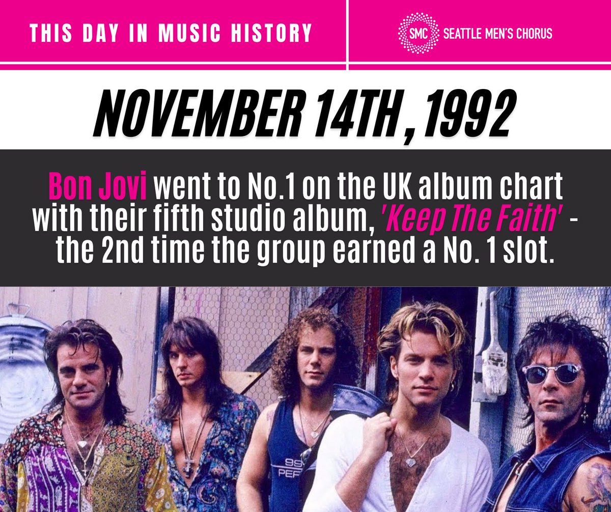 #ThisDayInMusicHistory, rock music icon #BonJovi earned their second appearance in the No. 1 slot on the #UKMusic charts. Coincidentally, November 14th was also the birthday of the group's bass player, Alec John Such - in 1956. #OnThisDay #MusicHistory #RecentHistory #LGBTQ+