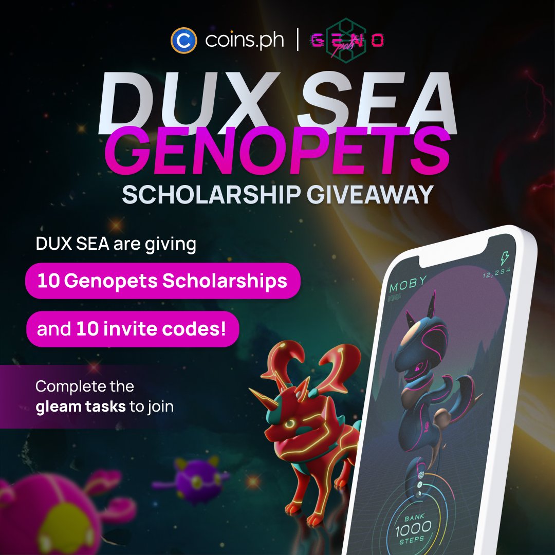 coinsph's tweet photo. Looking to Move-to-Earn? 👟

Our frens from @duxsea_ are giving 10 @Genopets scholarships 🎓 &amp; 10 invite codes ✉️ to 20 lucky winners!

Complete all tasks on our Gleam contest 👉 https://t.co/FTIwL18RSf ✅

⏱️NOW until Mon, Oct 10th, 12PM

Learn more: https://t.co/Dzc387V5Oi https://t.co/0FZQJSU8WJ
