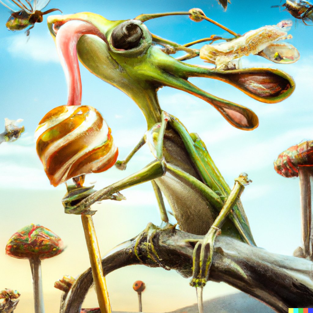 Magaluz5's tweet photo. AI utilizada: https://t.co/I8TV6vLAkQ 
Prompt: An epic mantis frog chimera, licking a lollipop, remedios varo painting
Context/Story: Rupert es vegano. Como buen matis sapo le enseñaron que comer parientes está mal… pero nadie le enseño que robar chupetines de otros también. https://t.co/PVw9HCdFVh