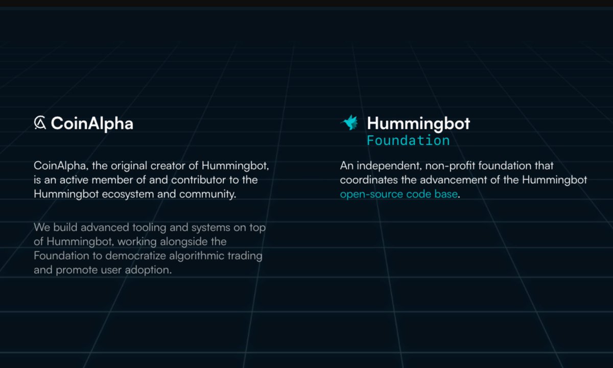 coinalpha_inc's tweet image. 1/ It’s been nearly a year since we spun off @_hummingbot Foundation. We continue that mission and work alongside the Foundation by providing more powerful enterprise solutions (software &amp;amp; services) for token #liquidity and #marketmaking on top of the open-source Hummingbot.