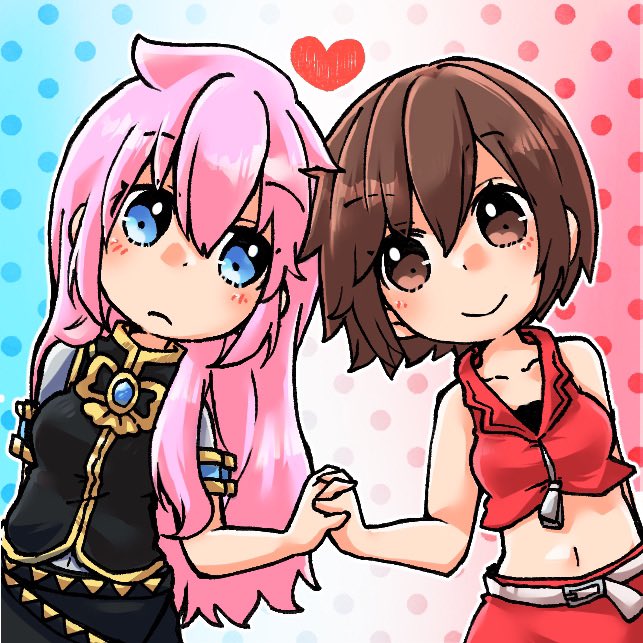 megurine luka ,meiko (vocaloid) multiple girls 2girls holding hands brown hair pink hair blue eyes skirt  illustration images