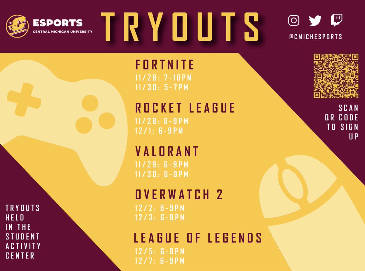 CMU Esports (@cmichesports) on Twitter photo Looking to join our CMU Esports Program? Come tryout for one of our teams... 🔥👆🎮
<a href="/CmichOrgs/">CMICH ORGS</a> <a href="/CMUniversity/">Central Michigan U.</a> <a href="/ResLifeCMU/">CMU Residence Life</a> <a href="/cmuesportsClub/">Cmich eSports Club</a> <a href="/CMUVolunteers/">CMU Volunteer Center</a> <a href="/cmichpogo/">Central Michigan University Pokémon Go</a> <a href="/cmichCLASS/">College of Liberal Arts & Social Sciences</a> <a href="/cmucba/">CMU CBA</a> <a href="/URecCMU/">UniversityRecreation</a> <a href="/CMUActivities/">CMU Student Activities and Involvement</a> <a href="/CMLIFE/">CM Life</a> <a href="/SMA_CMU/">CMU SMA</a> <a href="/newscentral34/">News Central 34</a> <a href="/CMU_OSS/">Student Success</a> Looking to join our CMU Esports Program? Come tryout for one of our teams... 🔥👆🎮
<a href="/CmichOrgs/">CMICH ORGS</a> <a href="/CMUniversity/">Central Michigan U.</a> <a href="/ResLifeCMU/">CMU Residence Life</a> <a href="/cmuesportsClub/">Cmich eSports Club</a> <a href="/CMUVolunteers/">CMU Volunteer Center</a> <a href="/cmichpogo/">Central Michigan University Pokémon Go</a> <a href="/cmichCLASS/">College of Liberal Arts & Social Sciences</a> <a href="/cmucba/">CMU CBA</a> <a href="/URecCMU/">UniversityRecreation</a> <a href="/CMUActivities/">CMU Student Activities and Involvement</a> <a href="/CMLIFE/">CM Life</a> <a href="/SMA_CMU/">CMU SMA</a> <a href="/newscentral34/">News Central 34</a> <a href="/CMU_OSS/">Student Success</a>
