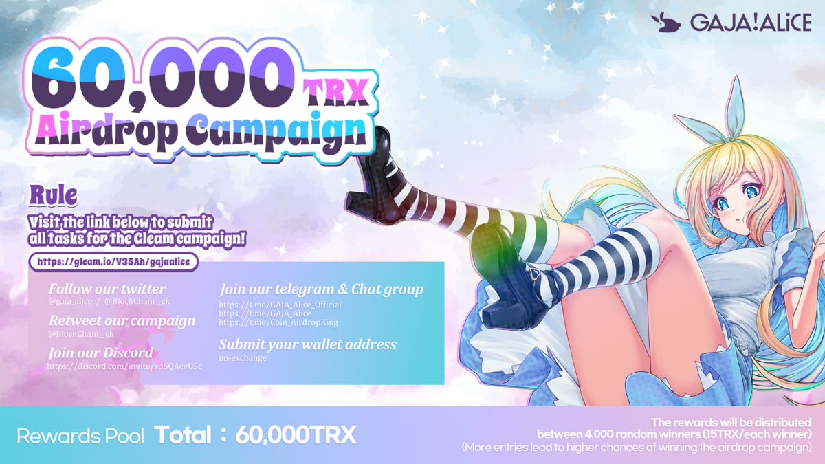 #GAJA!Alice is running a massive 60,000TRX #airdrop campaign in  tokens!

Join our gleam competition:
🔗gleam.io/V35Ah/gajaalice

Follow all the rules and tag your friends to join the airdrop campaign!

#Metaverse #Giveaway