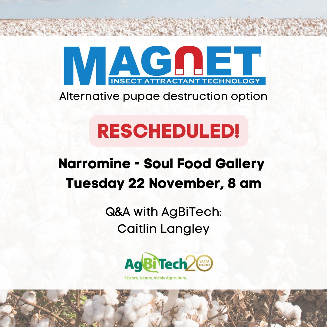AgBiTechAU's tweet photo. 🧲Rescheduled🧲

Macquarie Valley Q&amp;A sessions for #Bollgard 3 #cotton compliance with Magnet Attract &amp; Kill 🧲 #AgBiTech BDO @caitlinmlangley will talk through application for the upcoming season.

8am, 22nd Nov - #Narromine Soul Food Gallery

📞040 140 6399

Stay safe everyone! https://t.co/K2oGxZvbFu