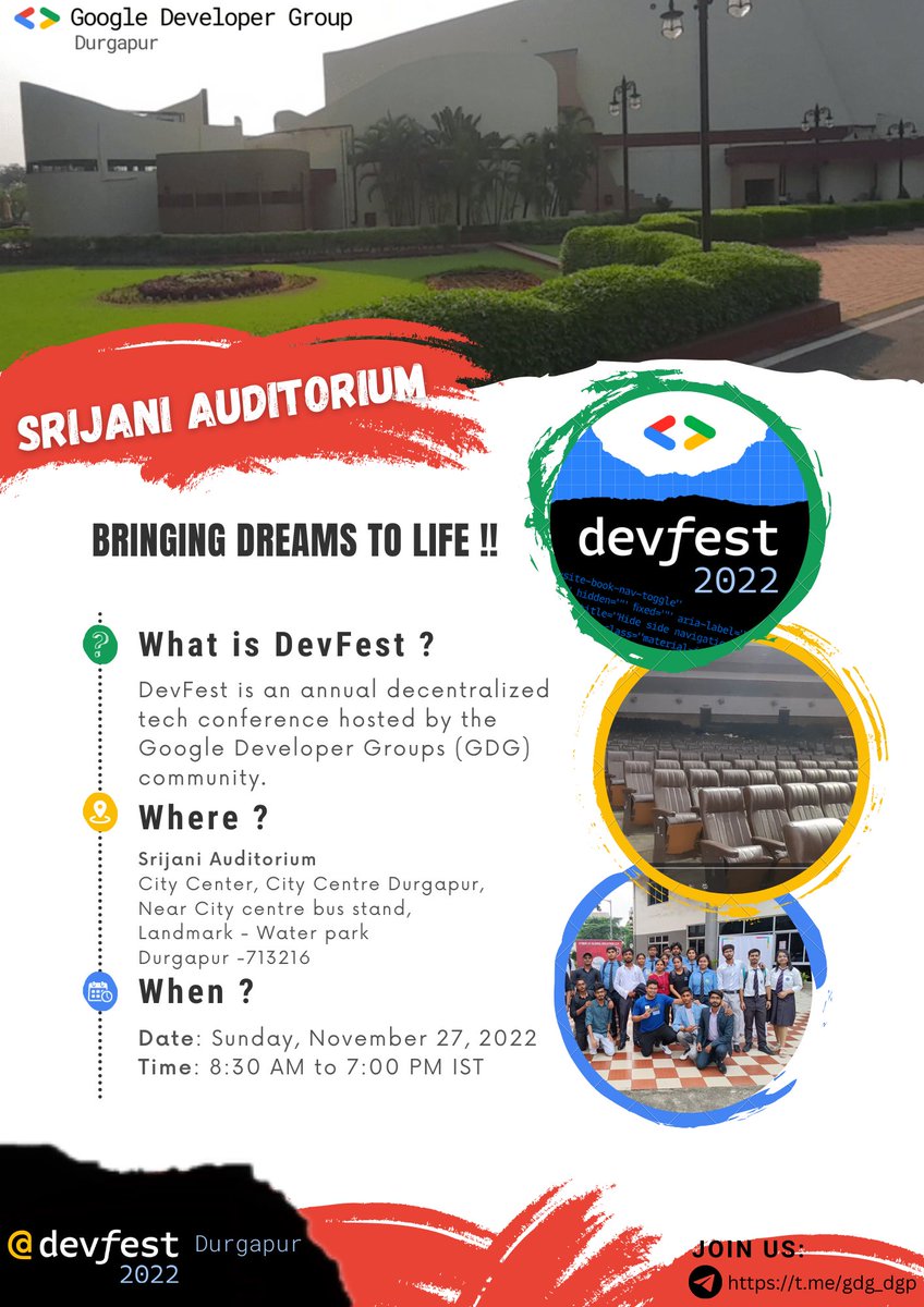 Hey techies! 💥

You asked, we listened! 👀

We've found the most convenient venue for #DevFest #Durgapur 2022

We're excited to announce SRIJANI AUDITORIUM as our venue 🔥

Haven't registered yet?
Do register now: gdgdurgapur.in

See you all in DevFest Durgapur 2022.