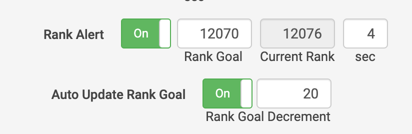 Enable Auto Update Rank Goal to have mfcalerts automatically decrement your rank goal when reached. Configure in the Settings section of mfcalerts.com.
