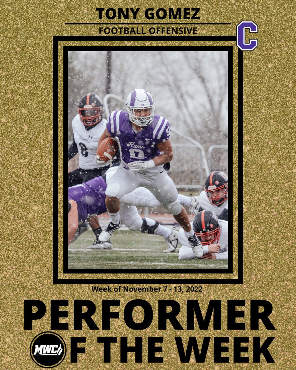 Midwest Conference (@mwcsports) on Twitter photo MWC Football Offensive Performer of the Week: Tony Gomez, Cornell College <a href="/CornellRams/">Rams Athletics</a> MWC Football Offensive Performer of the Week: Tony Gomez, Cornell College <a href="/CornellRams/">Rams Athletics</a>