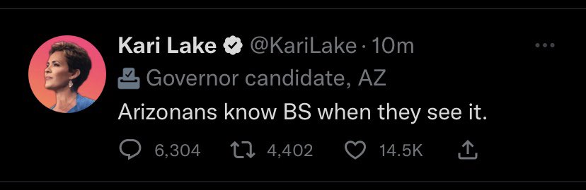 TimeOfTheMonth1's tweet photo. lol yeah. Hence why you’re not governor @KariLake https://t.co/6hE4KpbKDK