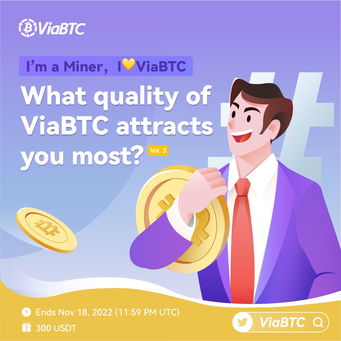 ViaBTC's tweet photo. I'm a miner, I 💛 #ViaBTC Vol.3
 
Question: What quality of ViaBTC attracts you most? 
 
Share your answer below to win $300!
 
⏩ Follow ViaBTC 
⬇️ comment your answer
#️⃣ Use #ILoveViaBTC
 
Submission ends 18th November. One entry one person. https://t.co/rxxbcRLvuV