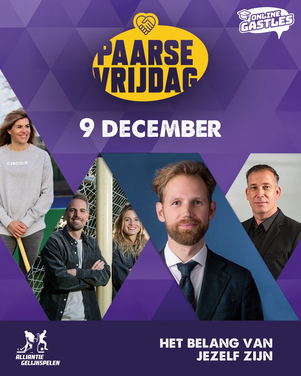Van #ComingOutDay naar #PaarseVrijdag! 💜 

Op 9 december geven diverse topsporters en Bekende Nederlanders een #OnlineGastles over het belang van jezelf zijn. 

Juffen en meesters kunnen hun klas hier gratis aanmelden! 👉 onlinegastles.nl/paarsevrijdag   

#AllTogetherChallenge