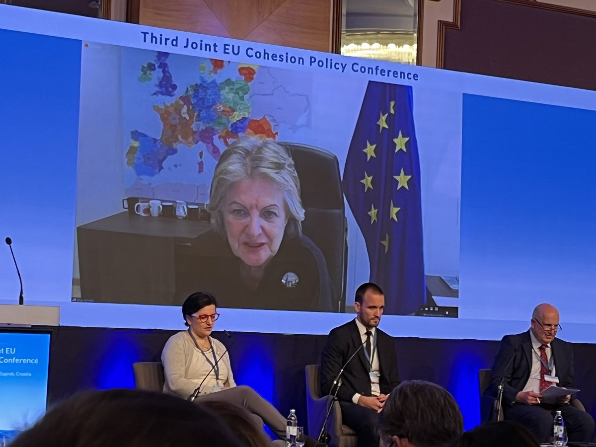 #CohesionPolicy conference Commissioner <a href="/ElisaFerreiraEC/">Elisa Ferreira</a> addressing delegates, posing questions to the conference, asking for more research and thinking to manage crisis, transformations and challenges we face and to reposition cohesion policy.