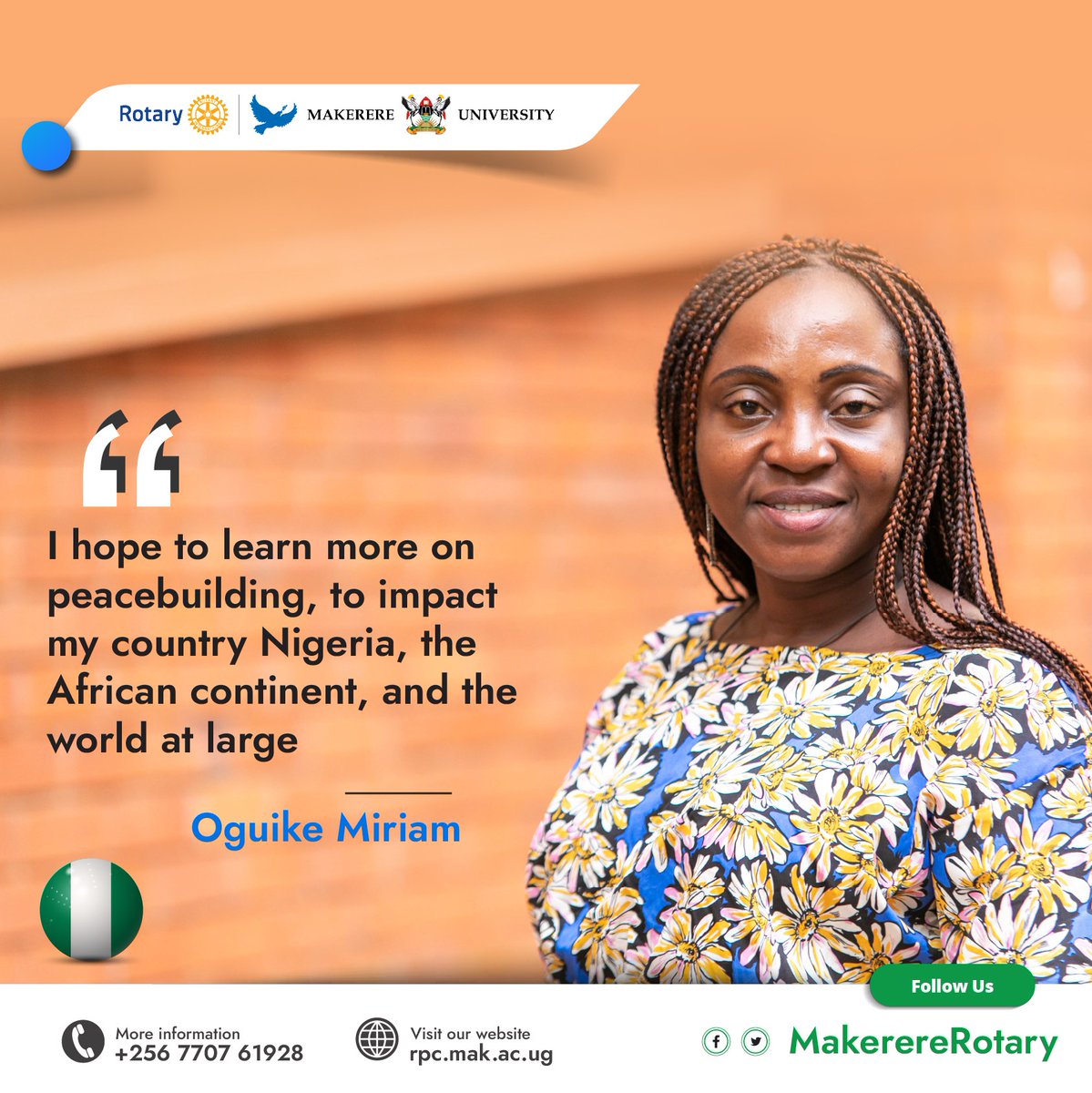 Meet Oguike Miriam, a Rotary Peace Fellow from Nigeria. She is a Senior Research Fellow at the Institute for Peace and Conflict Resolution (IPCR), Abuja. Miriam has participated in various training and workshops in peacebuilding.