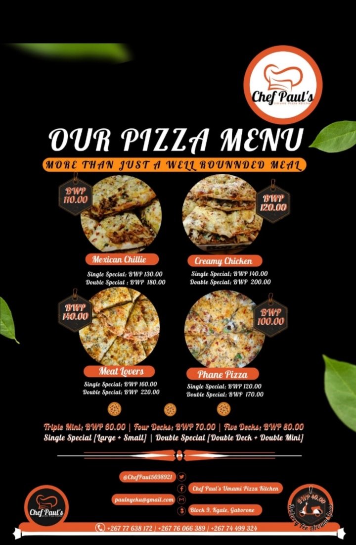 We started our special early this month😊😊😎you buy our large pizza and get the small pizza for free!!

Chef Paul 77638172 or 74499324
Rozette 76066389
Call us now
