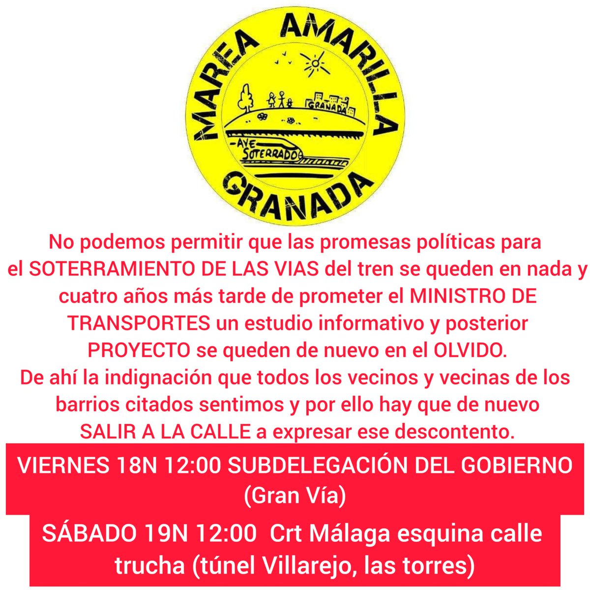 No podemos permitir que las promesas políticas para el Soterramiento de las vías del tren se queden en nada y cuatro años más tarde de prometer el Ministro TRANSPORTES un estudio informativo y posterior proyecto se queden de nuevo en el olvido.