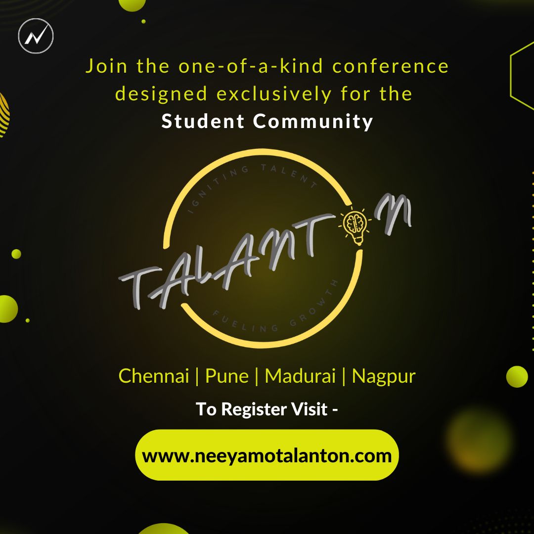 Neeyamo's tweet photo. Exclusively for Students! 🧑🎓
Learn about the various exciting career opportunities by connecting with industry leaders joining us for the event.
Chennai | Pune | Madurai | Nagpur
Register now: https://t.co/1Mwt9bIEht
#Talanton #WithNeeyamo https://t.co/e7B3DhG3Ro