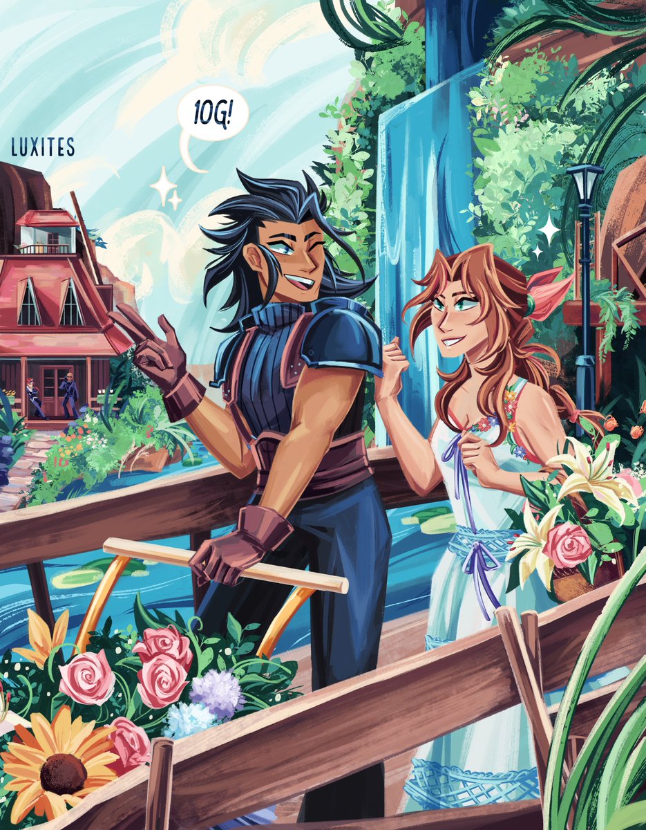 my full piece for <a href="/ZackFairZine/">Zack Fair Fanzine ⚔ CONFLICT RESOLVED!</a> ! Here's Zack helping out everyone's favorite flower girl 

🌻🌻🌻

leftover sales are open until December 18- it's filled with a lot of Zack love, check it out!

[ FFVII | FF7 | Crisis Core ]