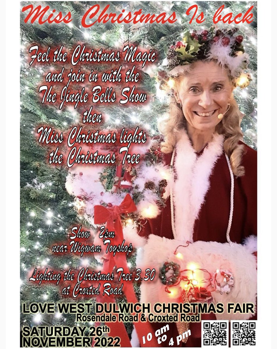 lovewestdulwich's tweet photo. Very excited that Miss Christmas is back for our Love West Dulwich Christmas Fair on Saturday 26 November. Join her at 2pm for her Jingle Bells Show @Wigwamfamily on Rosendale Road &amp; 3.30pm as she turns on the Christmas Tree lights in the Croxted Road car park #lovewestdulwich https://t.co/kappjdL3GN