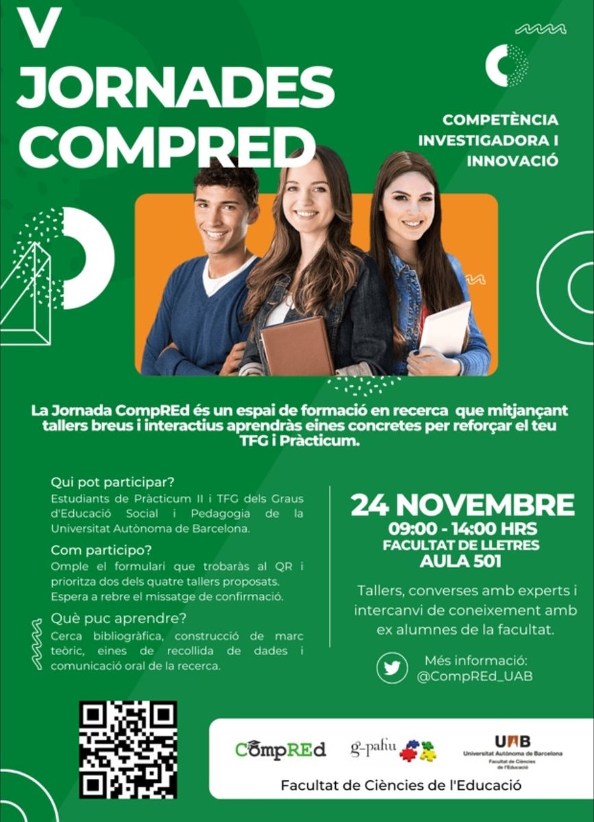 Ets estudiant de IV de Pedagogia o Educació Social de la <a href="/EducacioUAB/">Facultat de Ciències de l'Educació UAB</a> 📗🔍? 
Apunta't les jornades de innovació I recerca de <a href="/CompREd_UAB/">CompREd_UAB</a>
⬇️⬇️⬇️⬇️⬇️⬇️⬇️
forms.gle/MqUPVpRG8f8MDS…