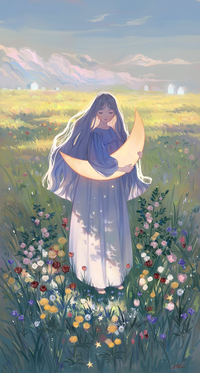 1girl solo long hair flower outdoors dress closed eyes  illustration images