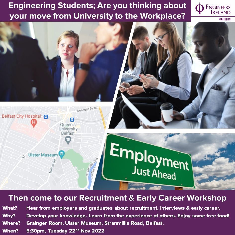 Engineering Recruitment and Early Career workshop <a href="/UlsterMuseum/">Ulster Museum</a> #Belfast 5.30pm Tuesday 22nd Nov 2022. Registration Link: bit.ly/3Exhbnh.