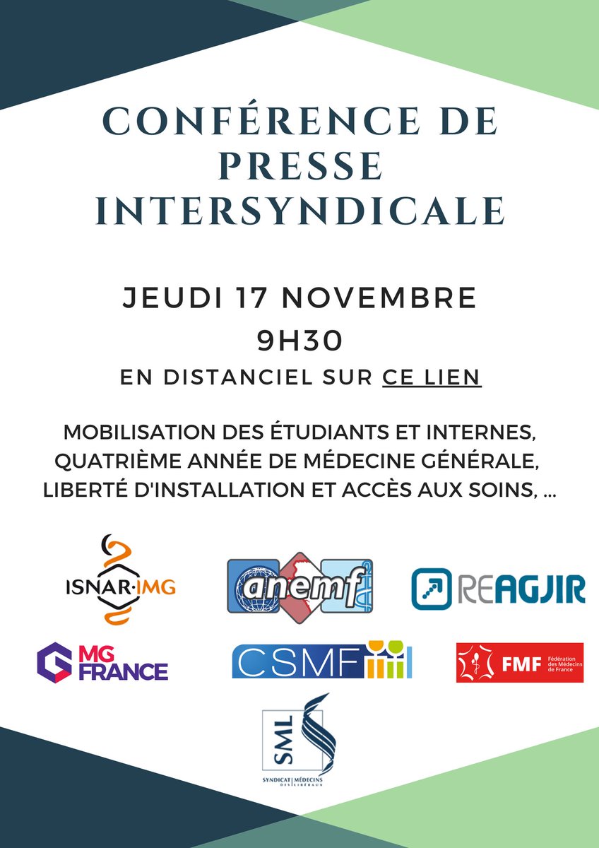 Conférence de presse intersyndicale le 17 novembre à 9h30. 

Nous répondrons à vos questions sur : 
- Manifestation des #etudiants et internes #CauchemarEnMedecine
- Quatrième année de médecine générale #4AMG
- Liberté d'installation et accès aux soins

anemf.org/?p=4104