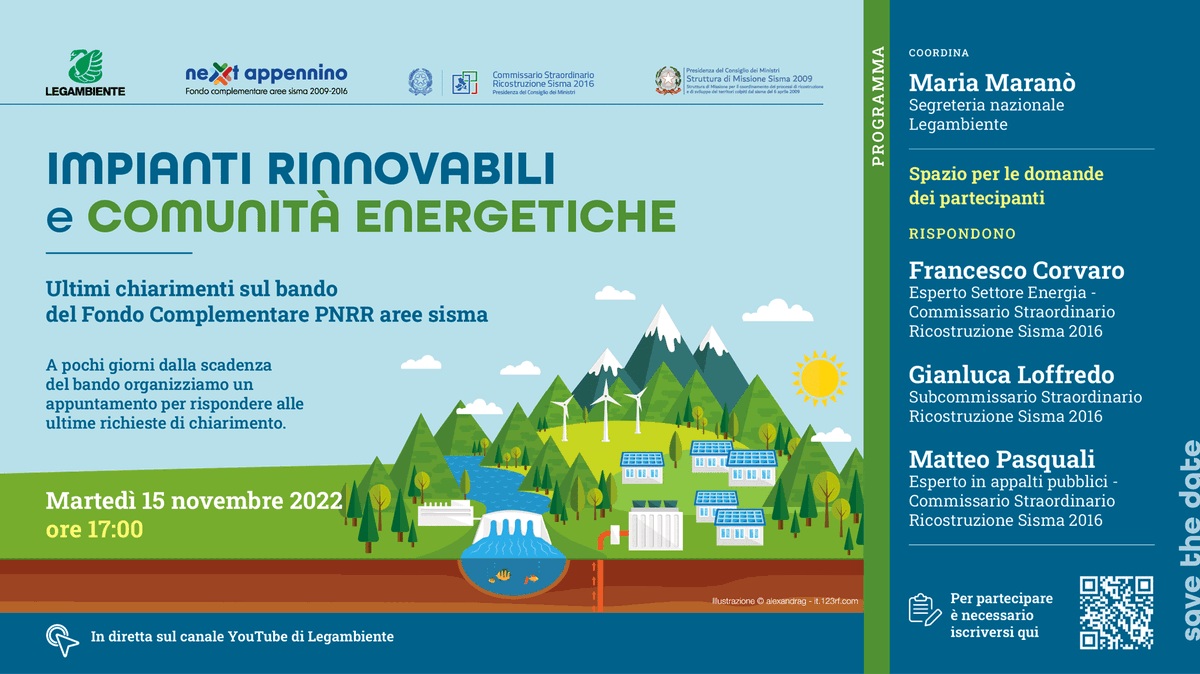 ComRinnovabili's tweet photo. 🟢 #rinnovabili e #comunitàenergetiche, webinar di @Legambiente per gli ultimi chiarimenti sul bando del programma  #nextappennino pubblicato da @Sisma2016
📅 oggi 15 novembre alle 17 in diretta sul canale YouTube di Legambiente
👉 https://t.co/ya36co8PVZ https://t.co/UFJxfcL80C
