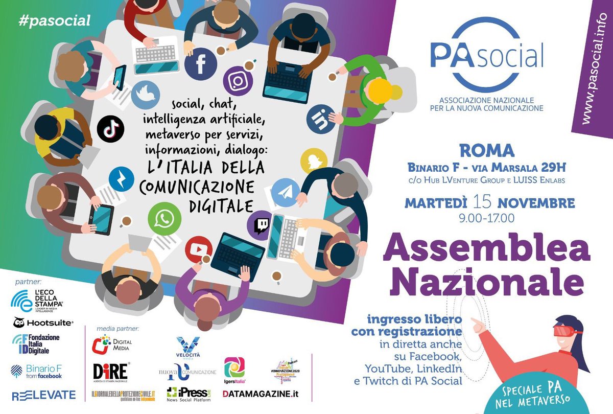 Partita l’Assemblea di #PASocial dedicata al mondo dei social network, chat, intelligenza artificiale, piattaforme digitali, metaverso per servizi, informazioni e dialogo 
Per seguire la diretta 👉🏽 fb.watch/gP2SZRmpFh/