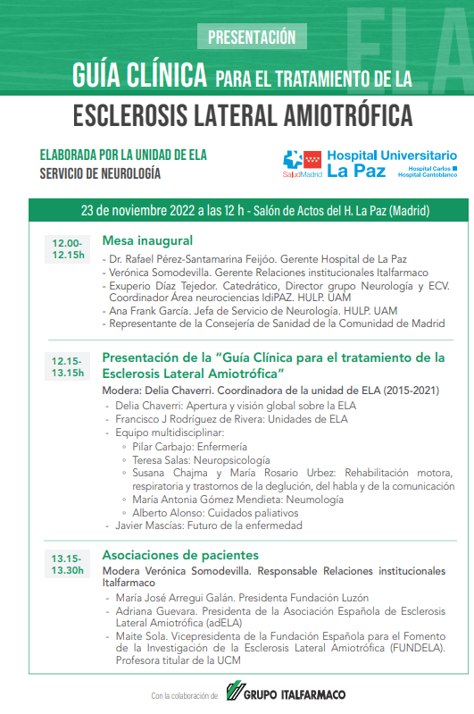 FundacionLuzon's tweet photo. 🩺🍀Presentación de la Guía Clínica para el tratamiento de la ELA. 

🏥 H. La Paz - Carlos III. Servicio de Neurología - Ud. de la ELA.
🗓️23 nov. 12h. 
📍Presencial en Salón de actos H. La Paz (MAD).
💻También en streaming: https://t.co/rw8K08YOug. 

#unidoscontralaELA https://t.co/VHrbjdp1wH