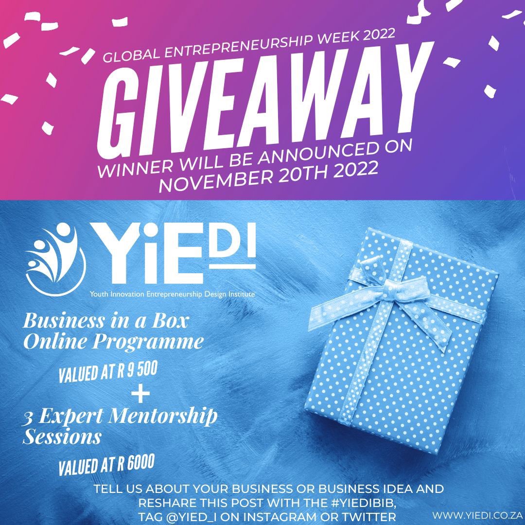 It’s #GEW2022 and we are giving away a seat on our online @yied_i Business in a Box Programme plus 3 expert mentor sessions valued at R15500. Tell us more about your business and use #YIEDIBIB. Winners announced 20 November 2022. Spread the word 🎈