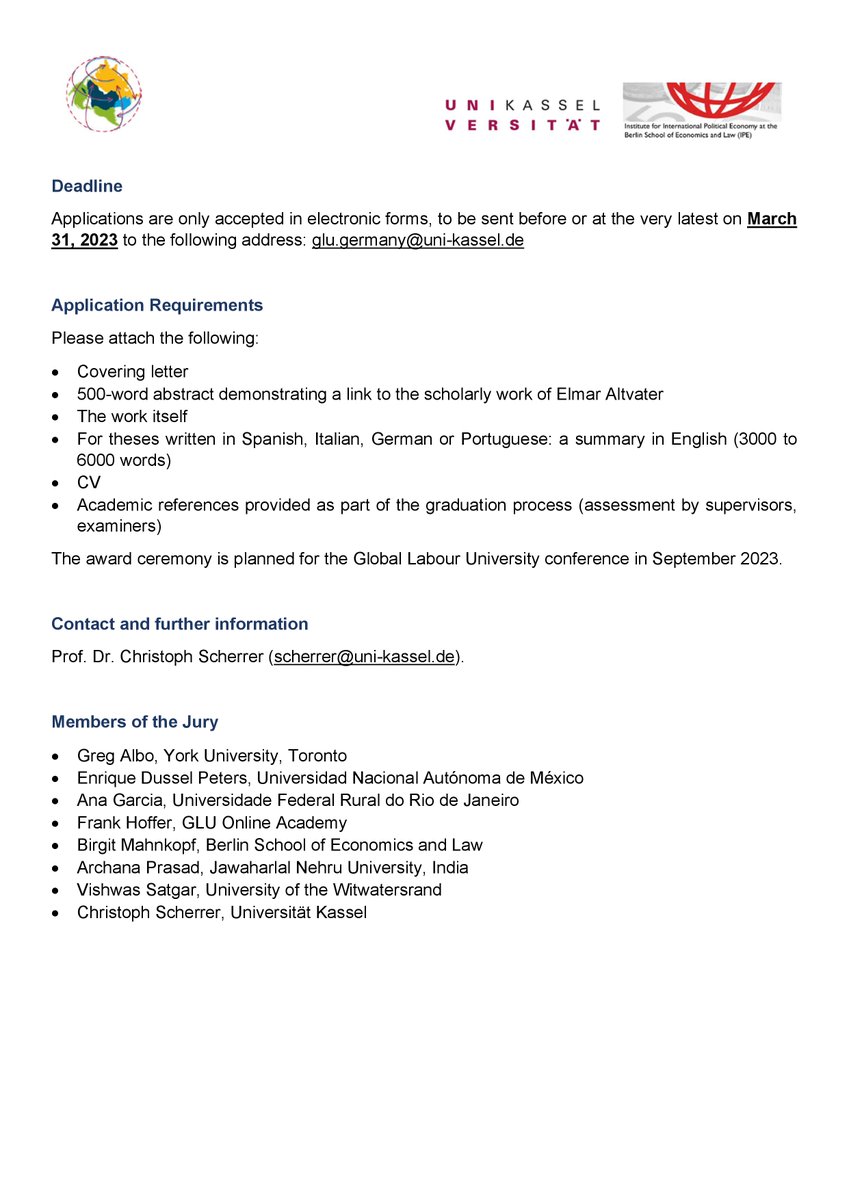 📢 Call for Submissions - Elmar Altvater #PhD Prize 2023 🏆

The prize is open to graduating thesis at the PhD level, with an award of 2,000€.

Applications are only accepted in electronic forms, to be sent before or at the very latest on March 31, 2023 👇