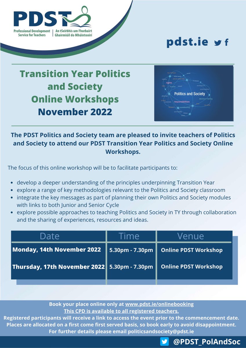 A big thank you to all of the PolSoc teachers who came along to the <a href="/PDST_PolAndSoc/">PDST_PolAndSoc</a>  TY workshops last night 👏 Thanks also to @PolsocMaynooth for facilitating. A couple of spaces still available on Thursday 👇