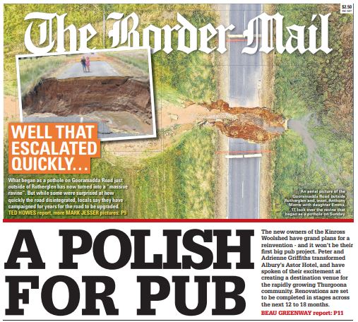 Julie (@jcoe00) on Twitter photo Tomorrow's front page tonight. Amazing pictures and video from <a href="/MarkJesser/">Mark Jesser</a>, and story by Ted Howes, of the pothole that swallowed a road.
bordermail.com.au/story/7982576/… Tomorrow's front page tonight. Amazing pictures and video from <a href="/MarkJesser/">Mark Jesser</a>, and story by Ted Howes, of the pothole that swallowed a road.
bordermail.com.au/story/7982576/…