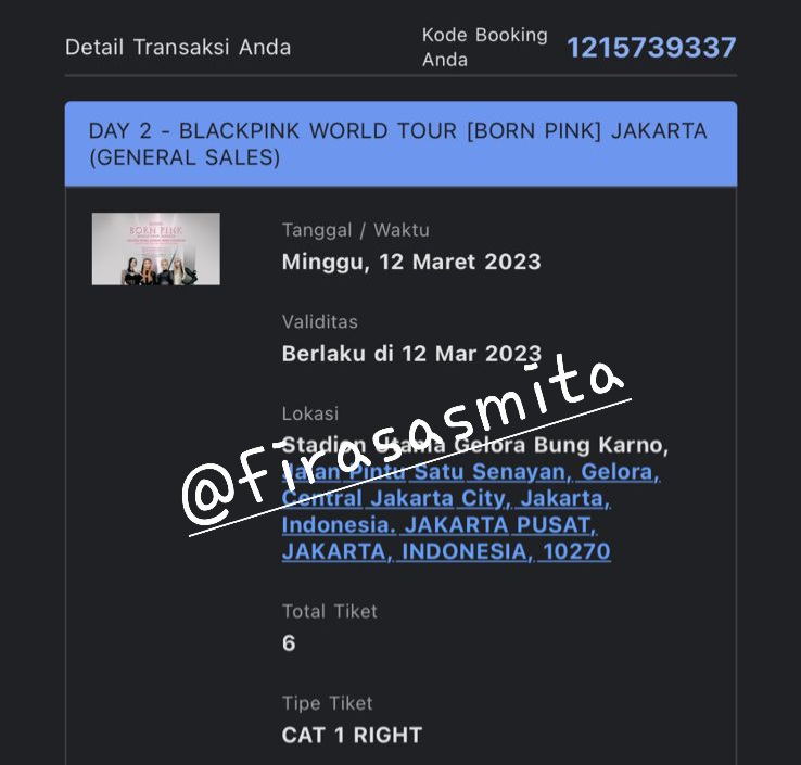 firasasmita's tweet photo. WTS
Tiket #BORNPINKJakarta 
Day 1 CAT 3 (6 tix)
Day 2 CAT 1 Right (4 tix)
#BLACKPINKinJKT
Min. purchase 2 tiket / day

#jualtiketkonserblackpink #blackpink #bornpink https://t.co/v4tc7rlIzr