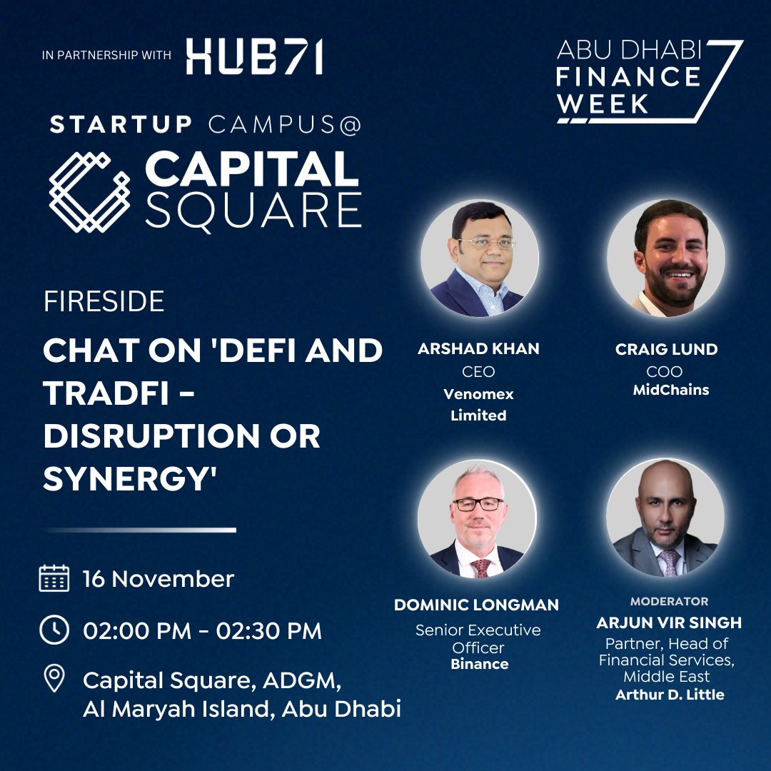 Visit us during the Abu Dhabi Finance Week (ADFW) where our CEO, Arshad Khan will share his views on the emerging financial models in a Fireside chat on 'DeFi and TradFi - Disruption or Synergy'

#Crypto #DeFi #decentralizedfinance #blockchain #venomex