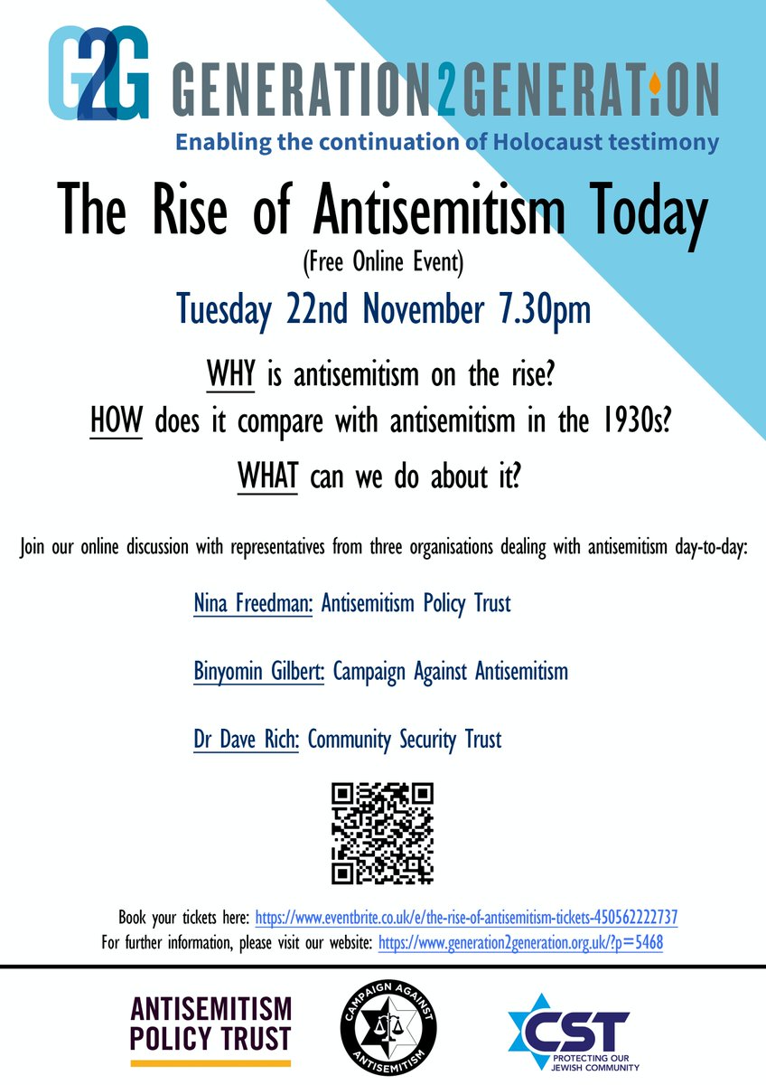 TONIGHT at 19:30 #G2GPresents: The Rise of Antisemitism Today.

We will host representatives <a href="/ninafreedman1/">Nina Freedman</a> (<a href="/antisempolicy/">Antisemitism Policy Trust</a>) <a href="/GilbertBinyo/">Binyomin Gilbert</a> (<a href="/antisemitism/">Campaign Against Antisemitism</a>) &amp; <a href="/daverich1/">Dave Rich</a> (Community Security Trust).

Book your FREE spot ⬇️ 

eventbrite.co.uk/e/the-rise-of-…