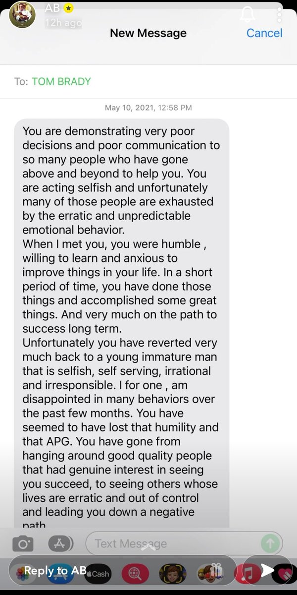 Antonio Brown posts a text from Tom Brady on Snapchat, where Tom is seemingly trying to help <a href="/AB84/">AB</a>,  I'm guessing he's posting it to try and make Tom Brady look bad for caring?  🤷🤦