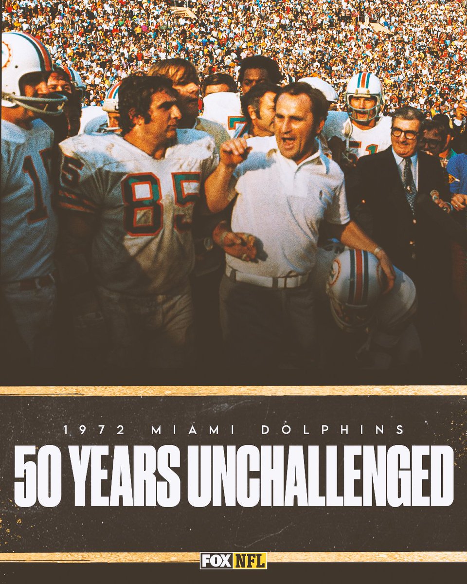 NFLonFOX's tweet image. In 1972, the @MiamiDolphins completed the first perfect season in NFL history.

50 years later, and still no one has been able to match the feat 💪