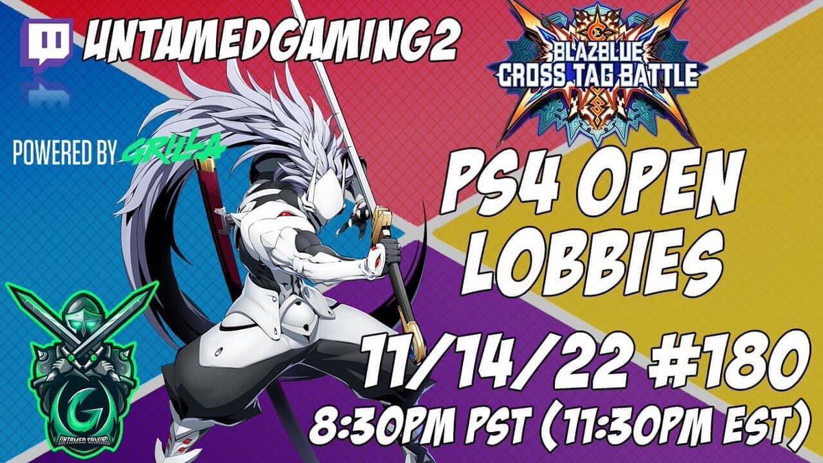 UntamedGaming2's tweet photo. LIVE! 

BlazBlue Cross Tag Battle PS4 Open Lobbies #180 11/14/22 (USA/Canada) 8:30pm PST (11:30pm EST) at https://t.co/2afFNELtfq

Sponsored &amp; Powered By: Grilla 

#BBTAG #UG #Grilla https://t.co/kcawPyMZ7X