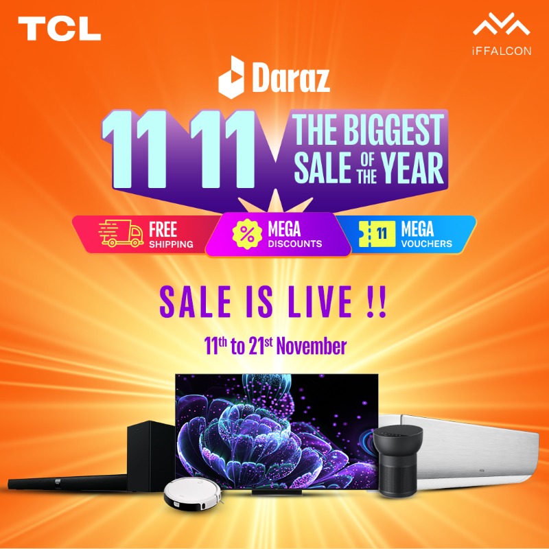 TCLPak's tweet photo. SALE IS LIVE NOW!!! 

Head over to Daraz to shop your Favorite TCL and iFFALCON Products available on Huge Discounts, with extra Discount Vouchers, Easy Monthly Installments and Free Shipping across Pakistan! 
Shop Now: https://t.co/dFZxHs6Ypy
#TCL #Daraz #TCLPakistan #11.11