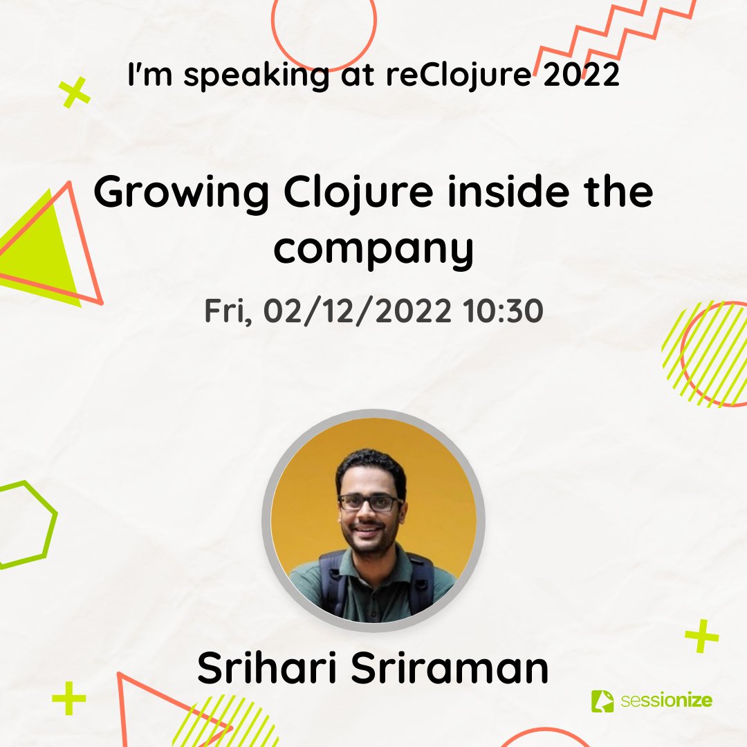 SrihariSriraman's tweet image. Excited to be speaking at @reClojure! The schedule is out too: reclojure.org/#schedule 

Here&apos;s my talk&apos;s abstract: reclojure.org/2022/speaker/s… #reclojure