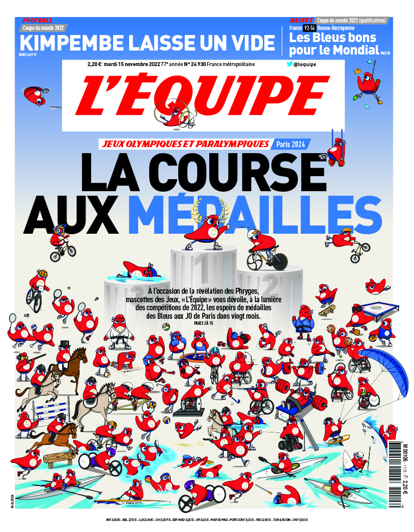 lequipe's tweet photo. "La course aux médailles" à la de votre journal @lequipe  du mardi 15 novembre 2022 !
Disponible dans vos kiosques : https://t.co/lzBeZ9avlk https://t.co/Bj0a7v5W9J