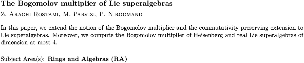 arxiv.org/abs/2211.06938…
Z A Rostami et. al.
The Bogomolov multiplier of Lie superalgebras