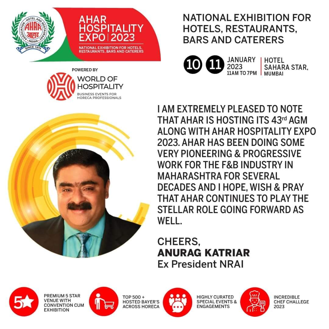 AHAR Hospitality Expo 2023 powered by World Of Hospitality.
AHAR Association

A hospitality expo you don't want to miss!

Location - Hotel Sahara Star, Mumbai.
Dates - 10th &amp; 11th January, 2023.

#aharhospitality #worldofhospitality #horecaexhibition #b2bexhibitionmumbai #wohexpo
