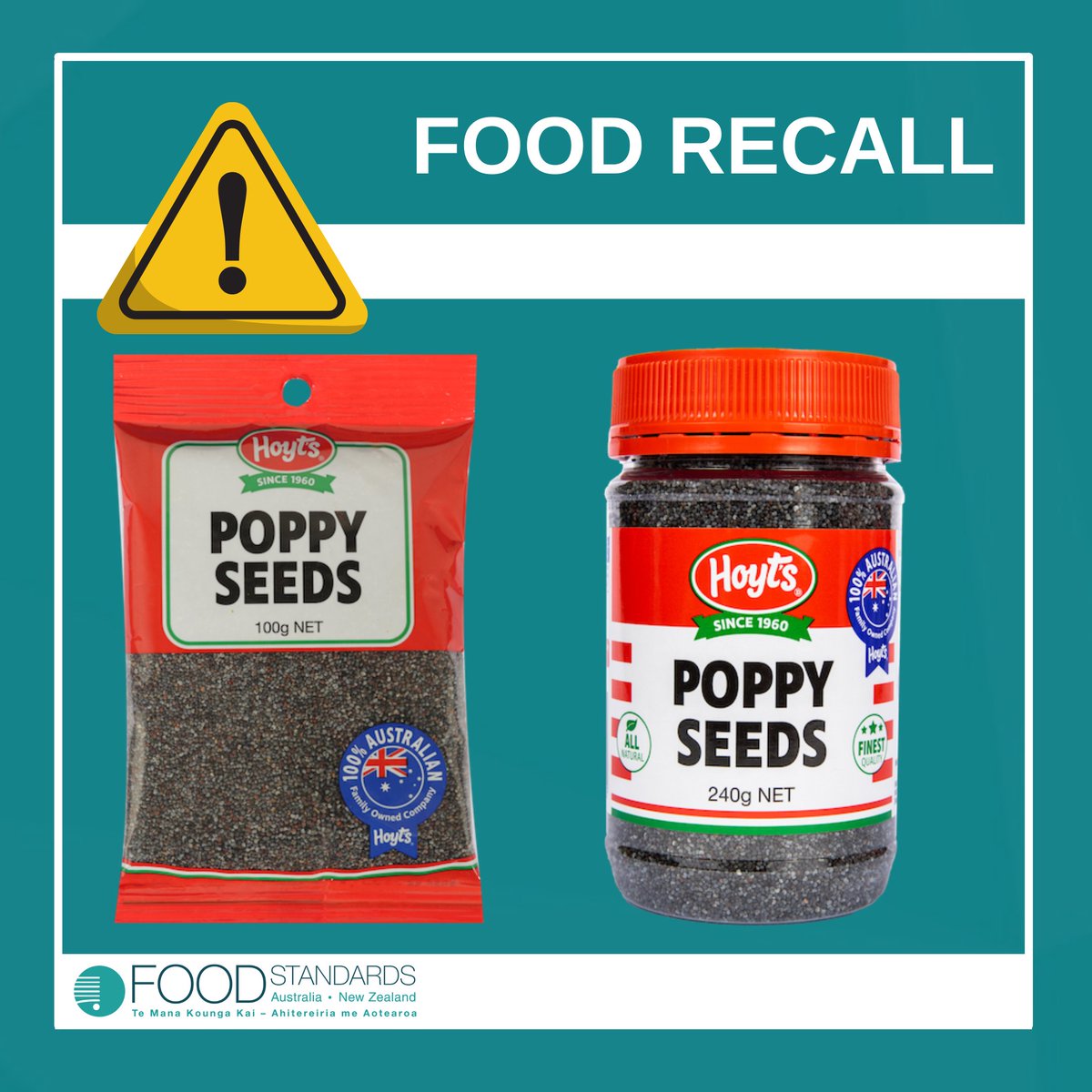 Food Recall - Hoyts Food Manufacturing Pty Ltd is recalling its poppy seeds, sachet packet and PET jar (Batch Codes: 28622, 29322, 29822 &amp; 29922) due to the potential presence of a chemical (thebaine) due to unsafe poppy seeds entering the food supply. 
foodstandards.gov.au/.../Hoyts-Popp…