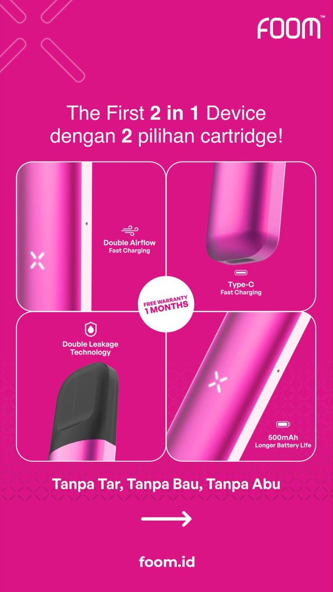 foom_id's tweet photo. Kamu masih bingung harus beli device yang mana? Nih ya, aku kasih tau! 

Dengan fitur yang canggih dan cara pakai yang simple, FOOM Pod X cocok buat nemenin kamu disetiap waktu! Desain nya juga minimalis alias gak norak. 🙈 https://t.co/iIrDVwRT19