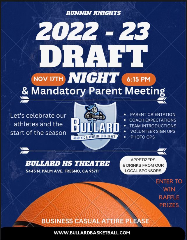 BHSKnightsHoops's tweet photo. Mandatory parent meeting for our 22-23 season this Thursday the 17th at 6:15 in the Bullard Theater! Come enjoy the Draft Night fun to open our year! https://t.co/M3Gv5FhQza