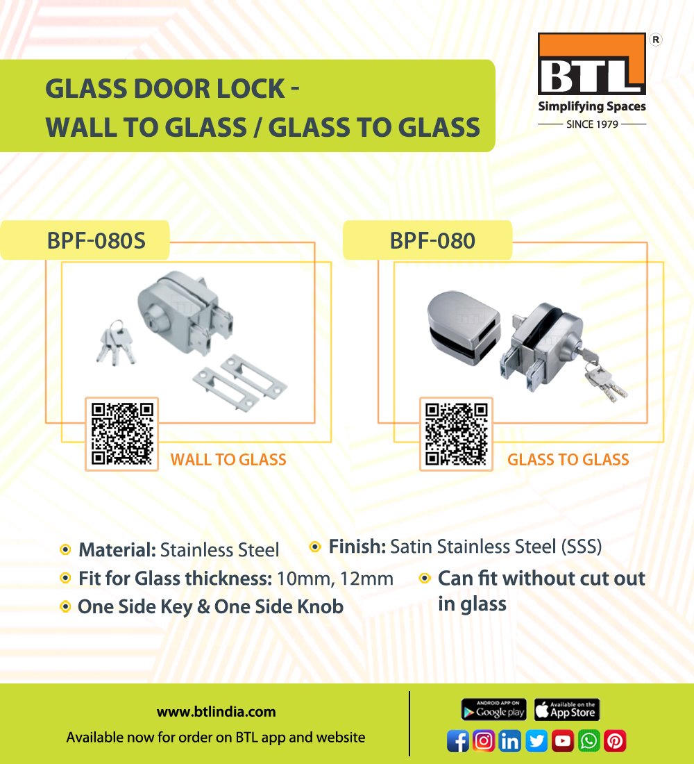 Locks for glass doors with options for wall to glass and glass to glass fittings. Can be fit in on existing doors without cutting out glass. Perfect for glass cabins and cabinets, shower cubicles, etc. More here: btlindia.com/product/glass_…
#glassdoorlock #glassdoor #btl #btlindia