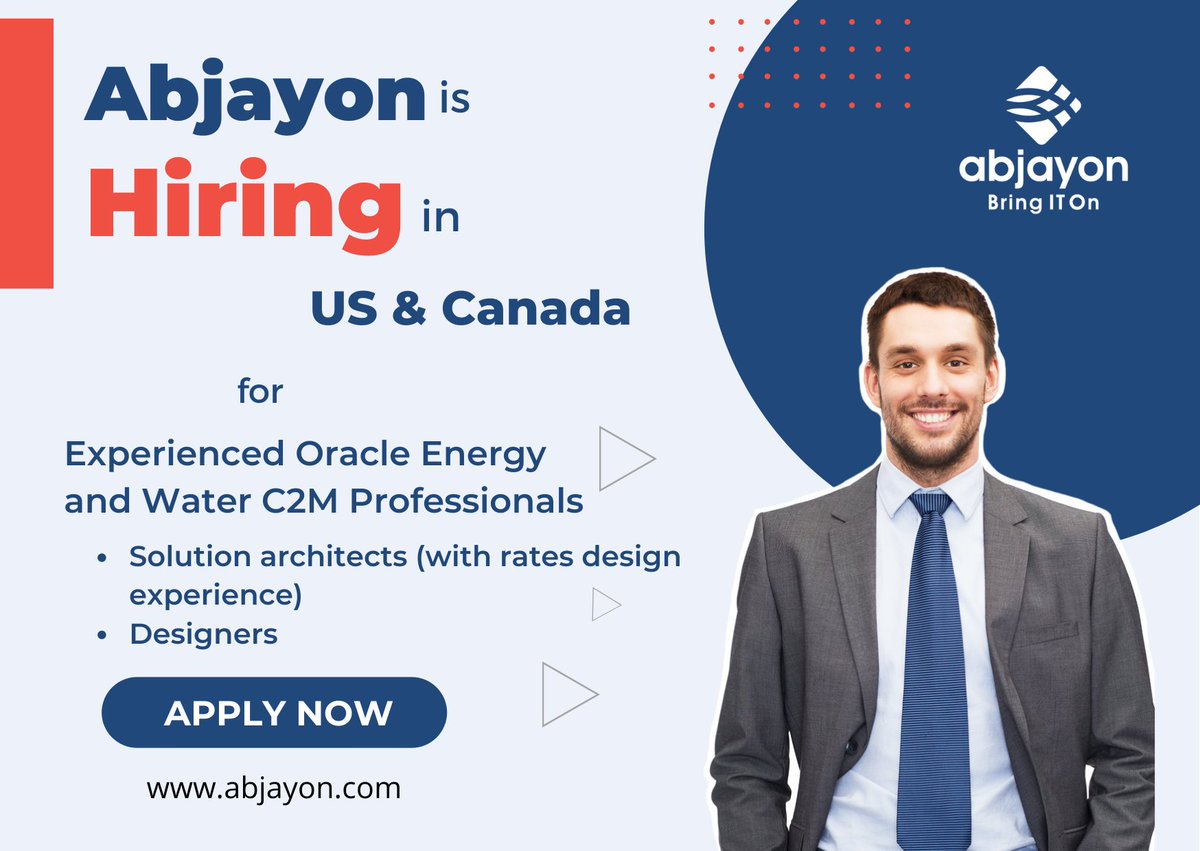 Abjayon is #hiring
Looking for Experienced Oracle Energy and Water C2M Professionals

- Solution architects (with rates design experience)
- Designers

Click the following link to apply:
abjayon.com/careers/

#hiringnow #hiringimmediately #oracleutilities