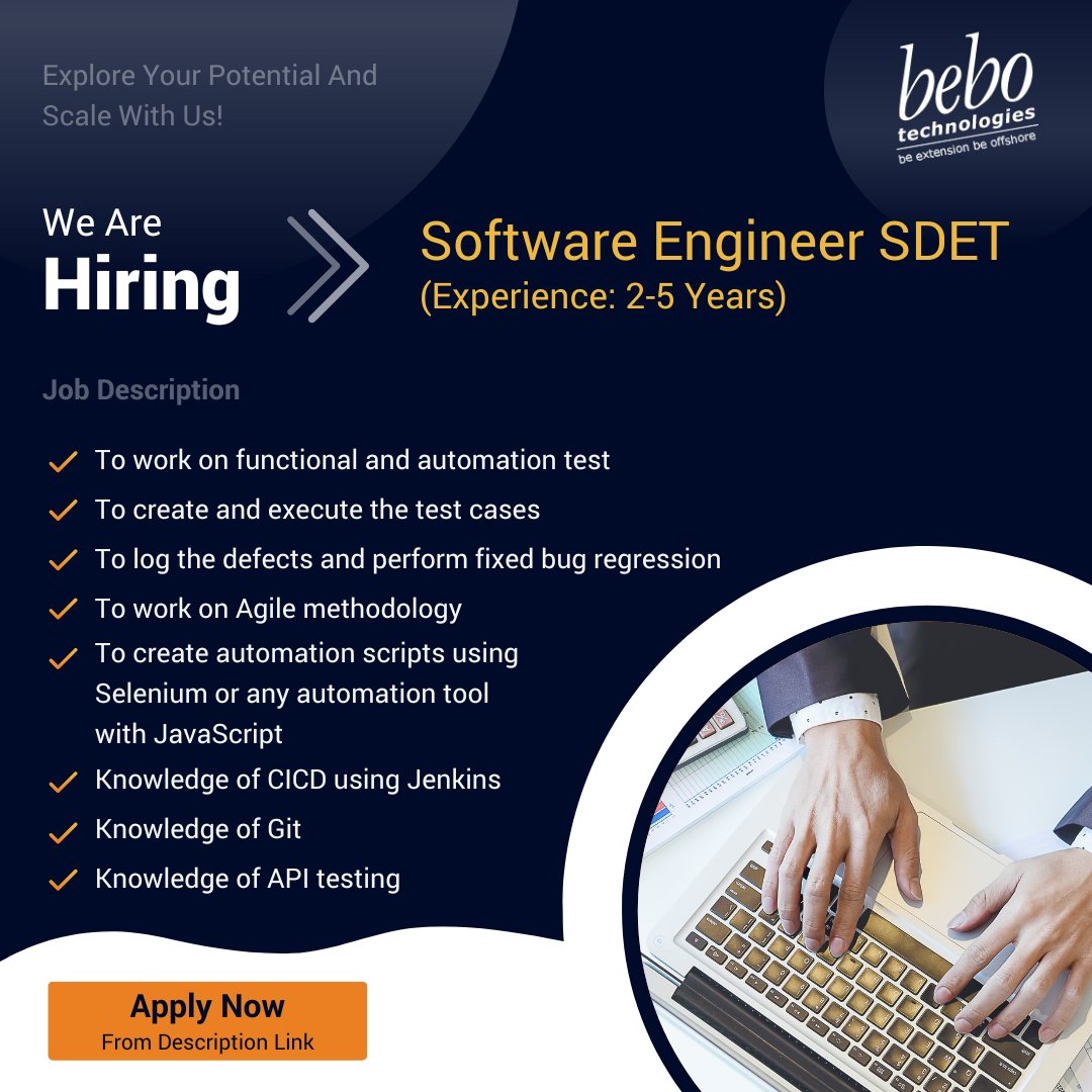 bebotechchd's tweet photo. We take pride in everything we do. Our actions as a team define the bebo brand. Come and join our brand!
Apply Here: https://t.co/OYxdLNFQZS
#sdet #sdetengineer #softwaretesting #hiringsdetengineer #hiringalert #bebotechnologies https://t.co/K5bgdmPJQI