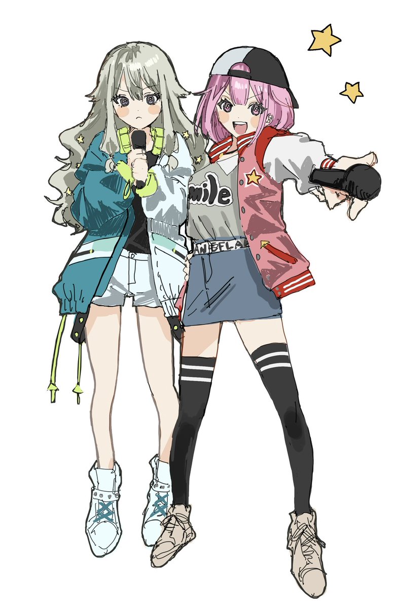 multiple girls jacket 2girls skirt holding microphone holding hat  illustration images